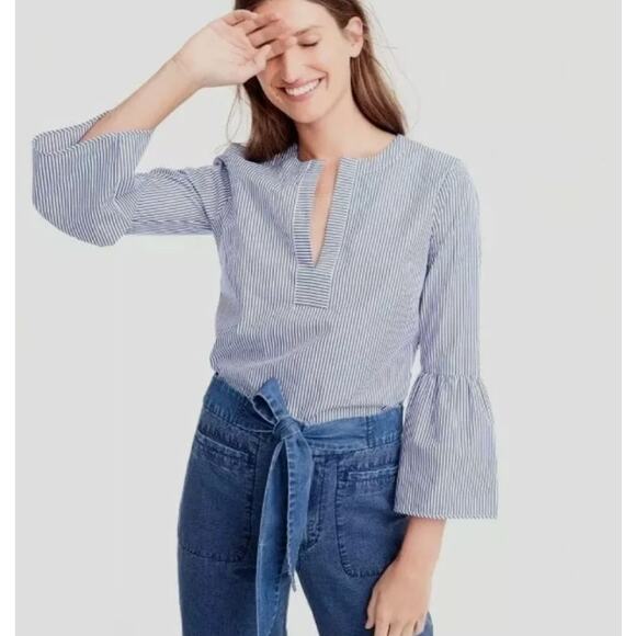 J Crew Womens Size 2 Pink White Bell 3/4 Sleeve Blouse Top Split V Neck Cotton - Picture 12 of 12